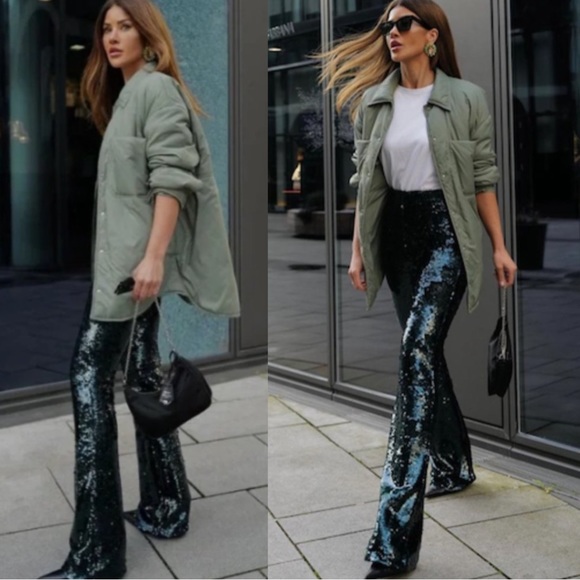 ZARA NWT BLOGGER FAVE Emerald Green Sequin Flare Leg Pants Holiday Party Pants - Picture 17 of 17